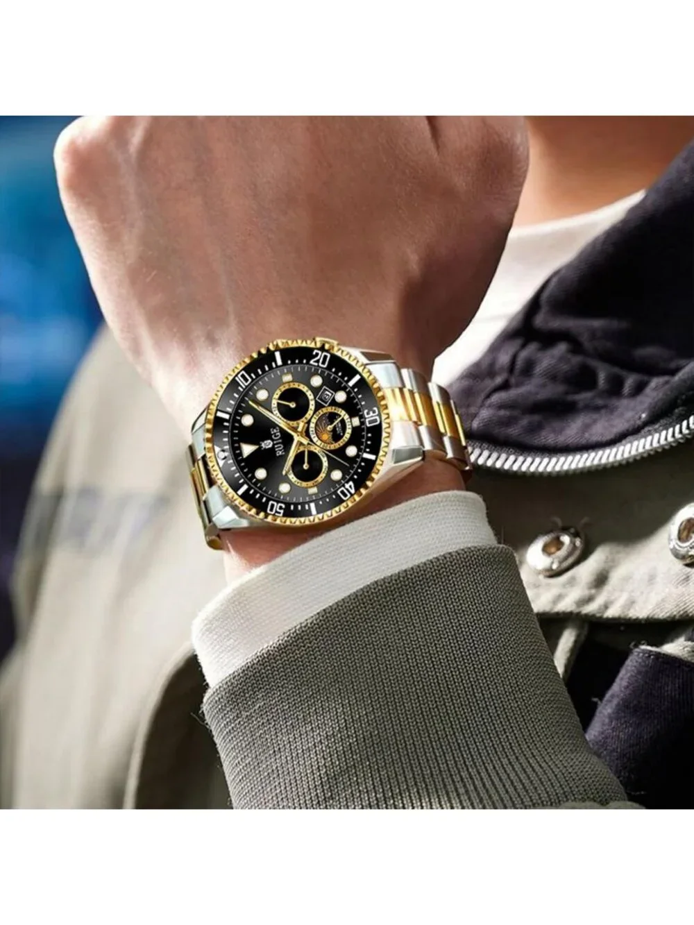 Men's Black Two-Tone Gold Steel Mechanical Waterproof Luminous Wrist Watch